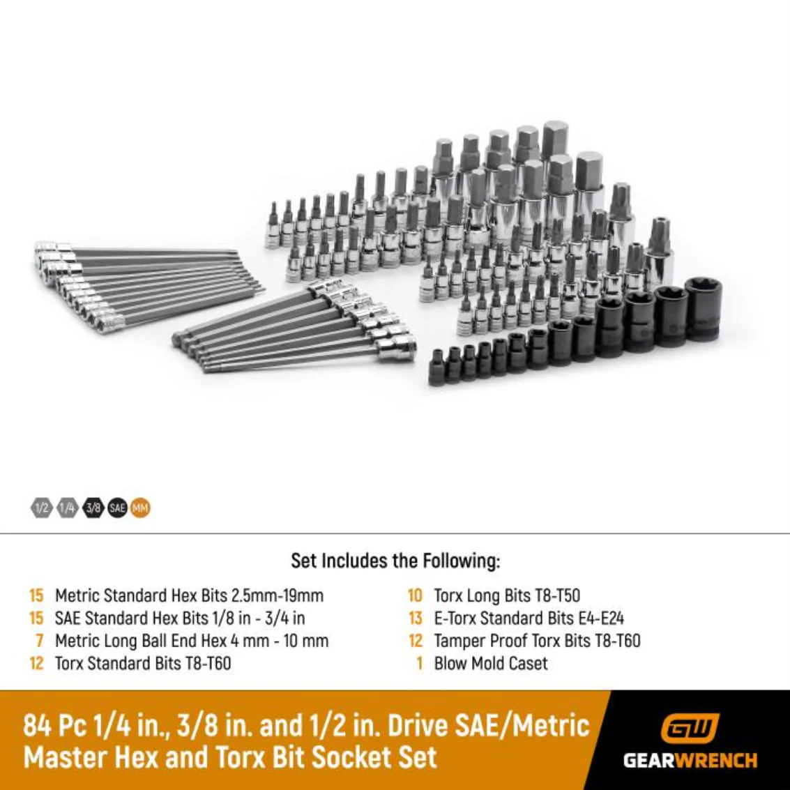 GearWrench 80742 - 84pc. 1/4", 3/8" & 1/2" Drive Hex/Ball End Hex/Tamper Proof Torx®/External Torx®/Torx® SAE/Metric Bit Set - Image 2