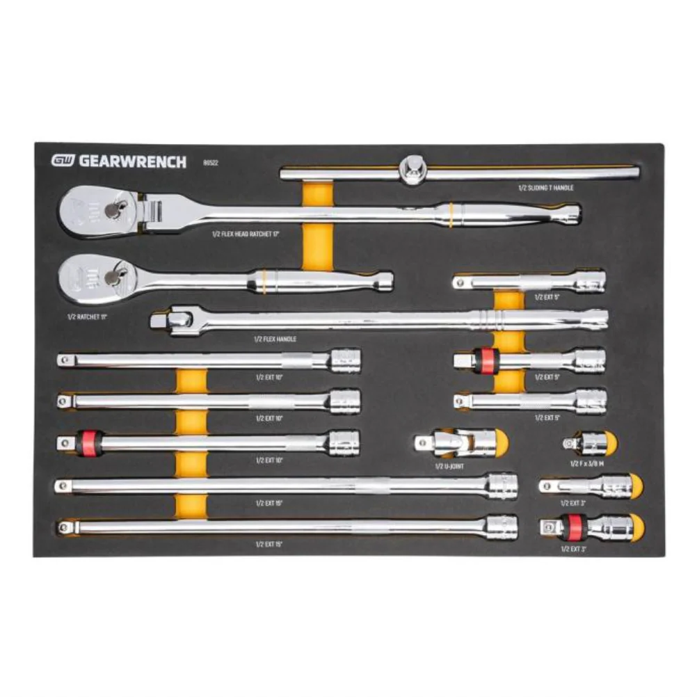 GearWrench 86522- 16 Piece 1/2" 90-Tooth Ratchet & Drive Tool Set with Foam Storage Tray
