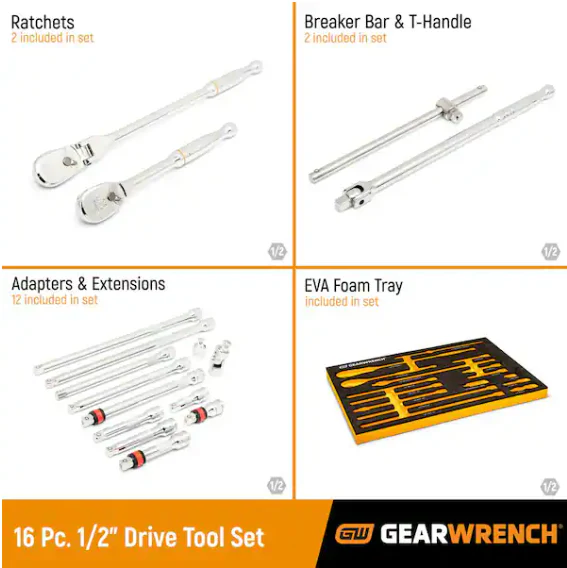 GearWrench 86522- 16 Piece 1/2" 90-Tooth Ratchet & Drive Tool Set with Foam Storage Tray - Image 2