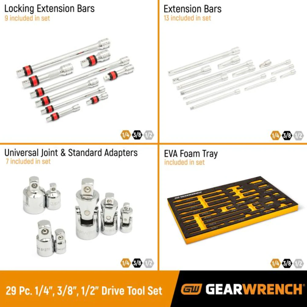 GearWrench 86523- 29 Piece 1/4", 3/8", 1/2" Drive Master Chrome Drive Tool Accessories Set with Foam Storage Tray - Image 3