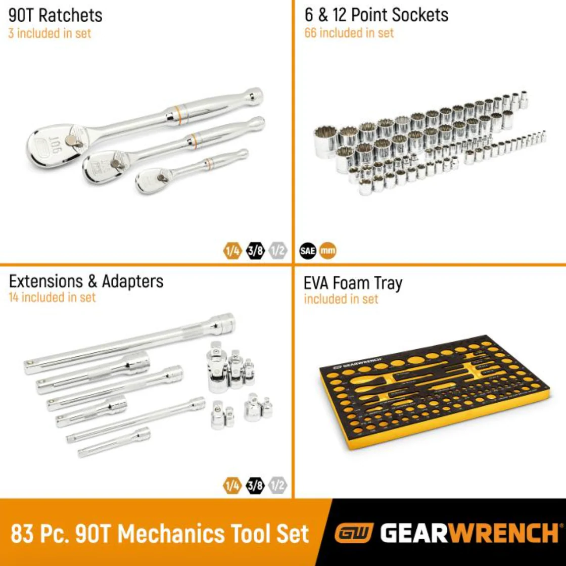 GearWrench 86529 - 83 Piece 1/4", 3/8", & 1/2" 90-Tooth SAE/Metric Mechanics Tool Set with Foam Storage Tray - Image 2