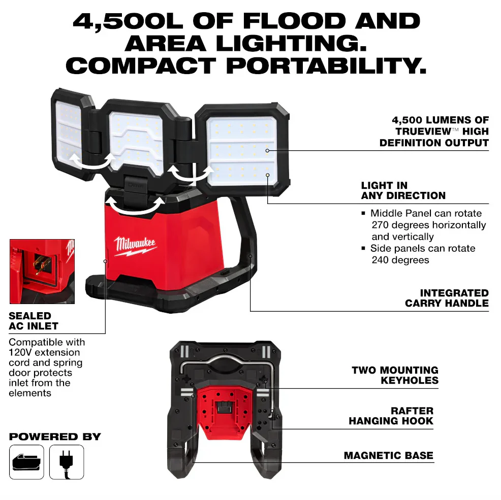 Milwaukee 2368-20 M18™ ROVER™ Dual Power Triple-Panel Flood & Area Light (Tool Only) - Image 5