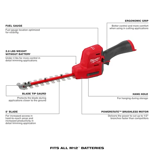Milwaukee 2533-21 M12 FUEL™ 8" Hedge Trimmer Kit - Image 3