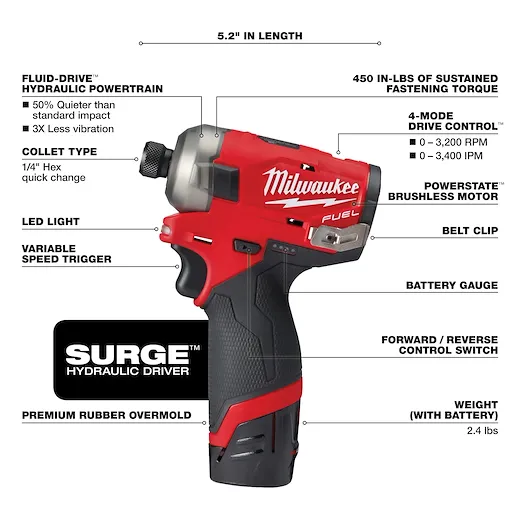 Milwaukee 2551-22 M12 FUEL™ SURGE™ 1/4" Hex Hydraulic Driver 2 Battery Kit - Image 3