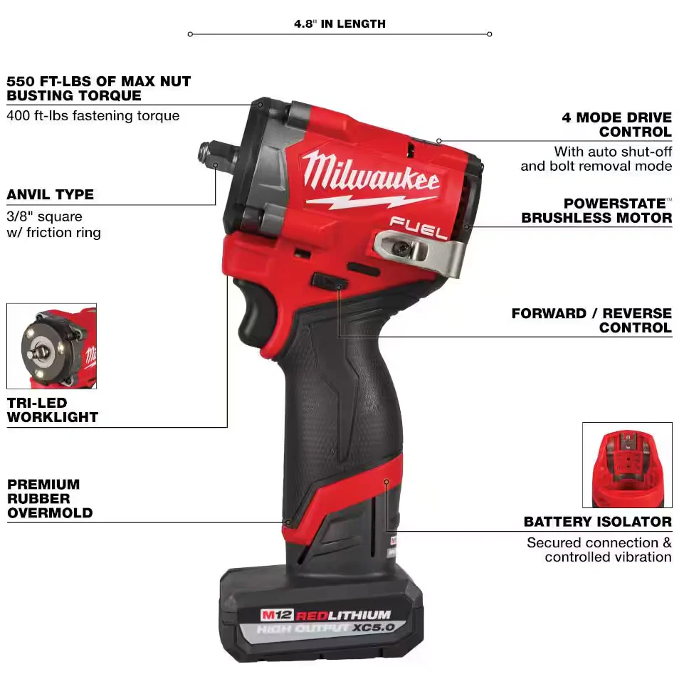 Milwaukee 2562-20 M12 FUEL™ Stubby 3/8" Impact Wrench (Tool Only) - Image 3