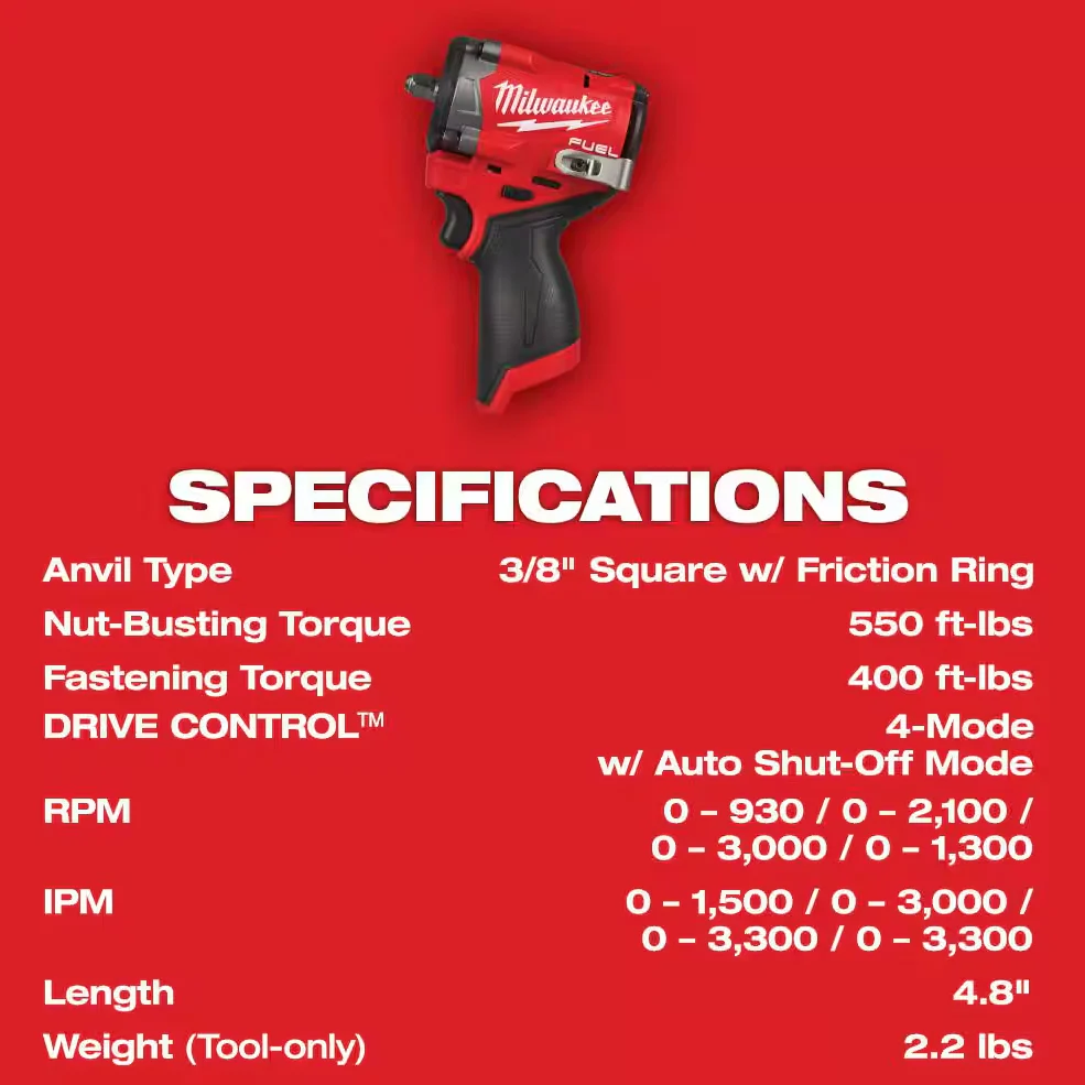 Milwaukee 2562-20 M12 FUEL™ Stubby 3/8" Impact Wrench (Tool Only) - Image 4