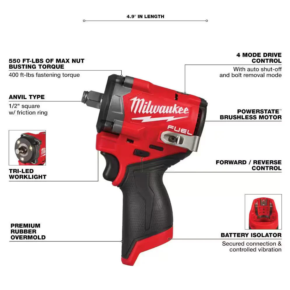Milwaukee 2563-20 M12 FUEL™ Stubby 1/2" Impact Wrench (Tool Only) - Image 2