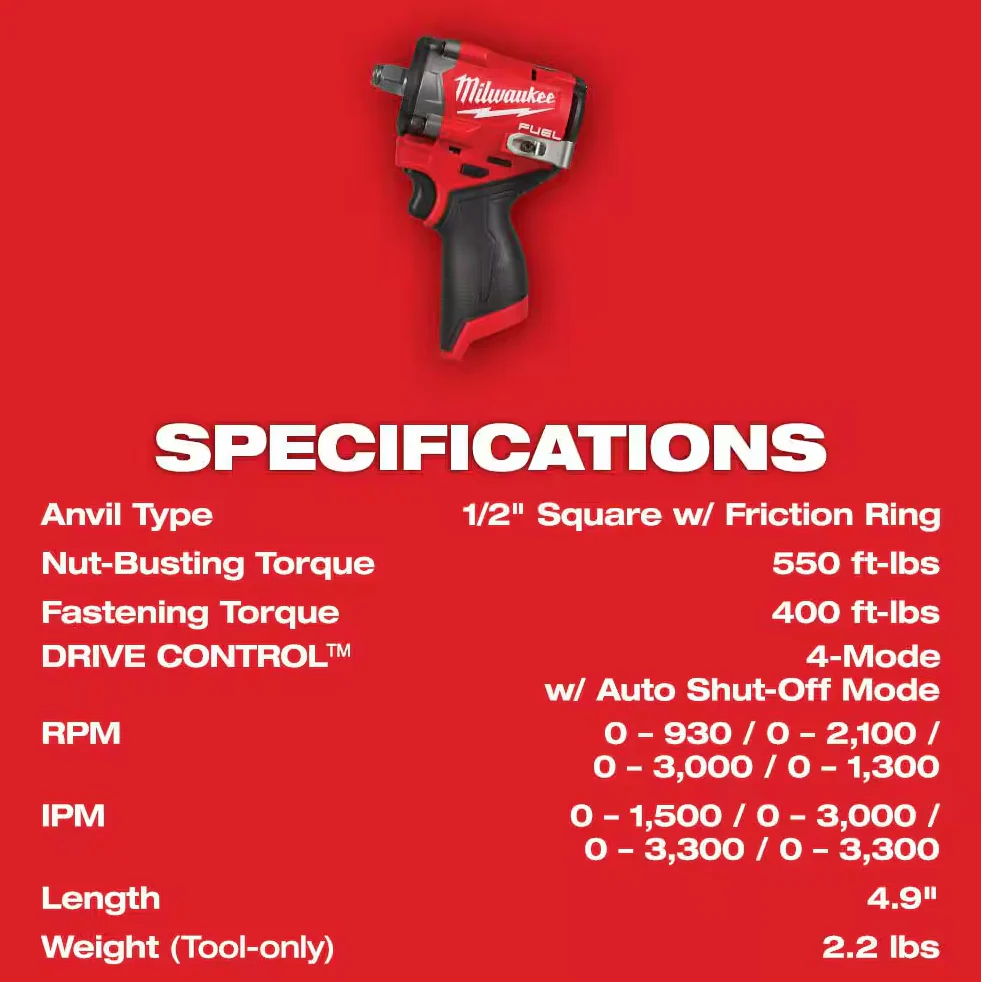 Milwaukee 2563-20 M12 FUEL™ Stubby 1/2" Impact Wrench (Tool Only) - Image 3