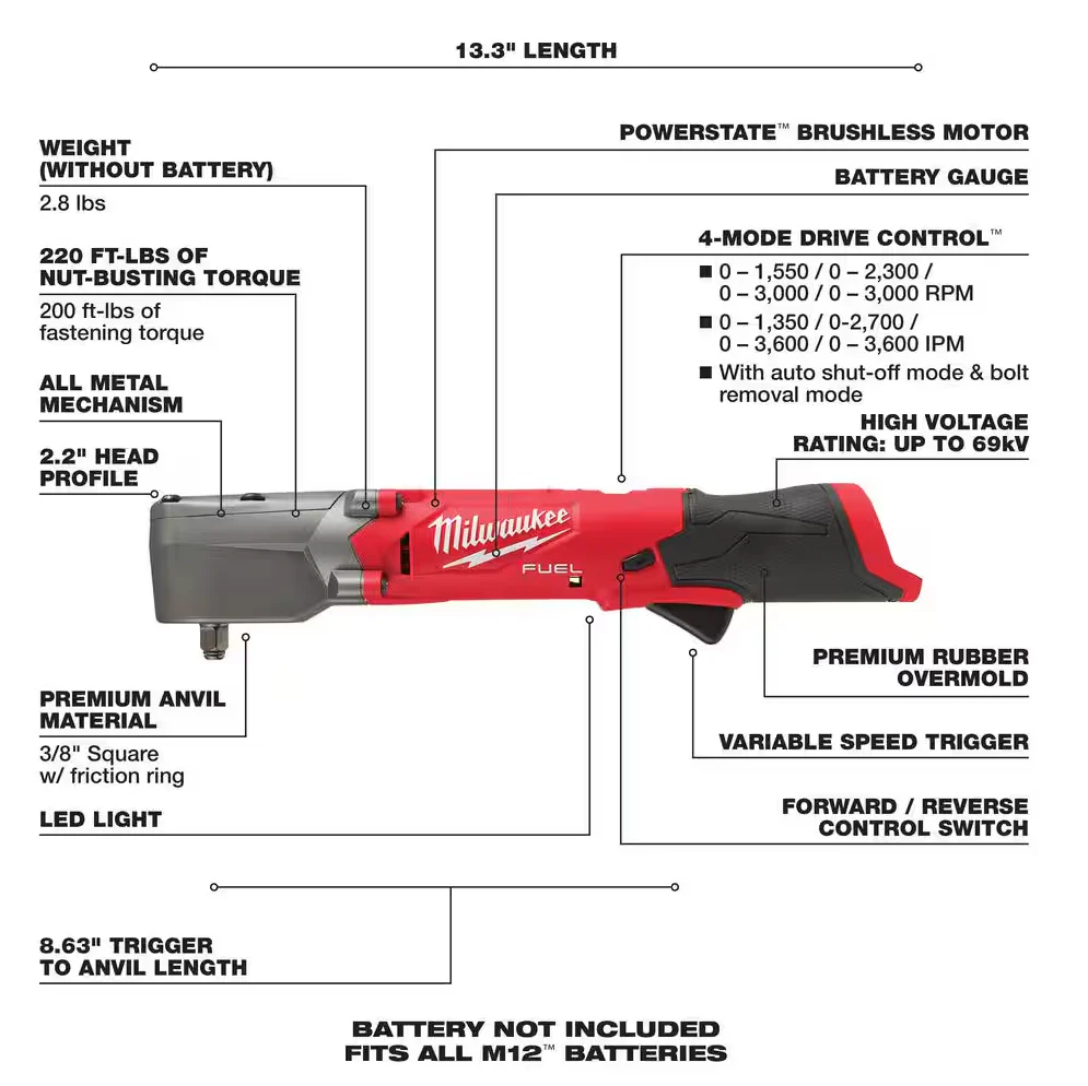 Milwaukee 2565-20 M12 FUEL™ 1/2" Right Angle Impact Wrench w/ Friction Ring (Tool Only) - Image 2