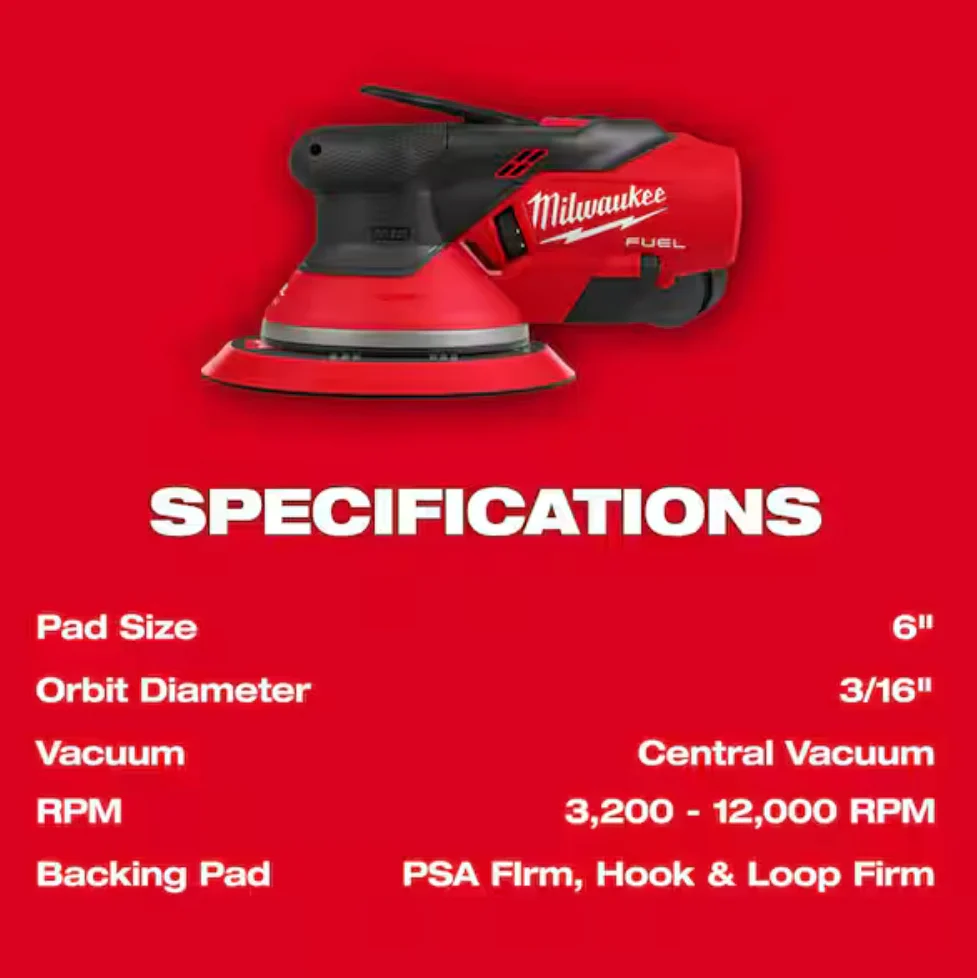 Milwaukee 2585-20 M12 FUEL™ 6" Random Orbital Sander (3/16")(Tool Only) - Image 5
