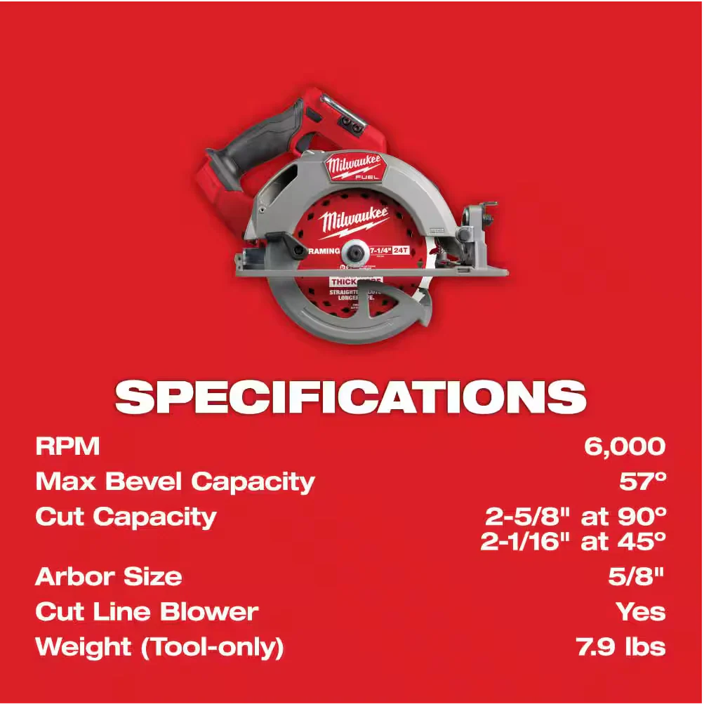 Milwaukee 2834-20 M18 FUEL™ 7-1/4" Circular Saw w/ 24T Thick Kerf Framing Circular Saw Blade (Tool Only) - Image 6