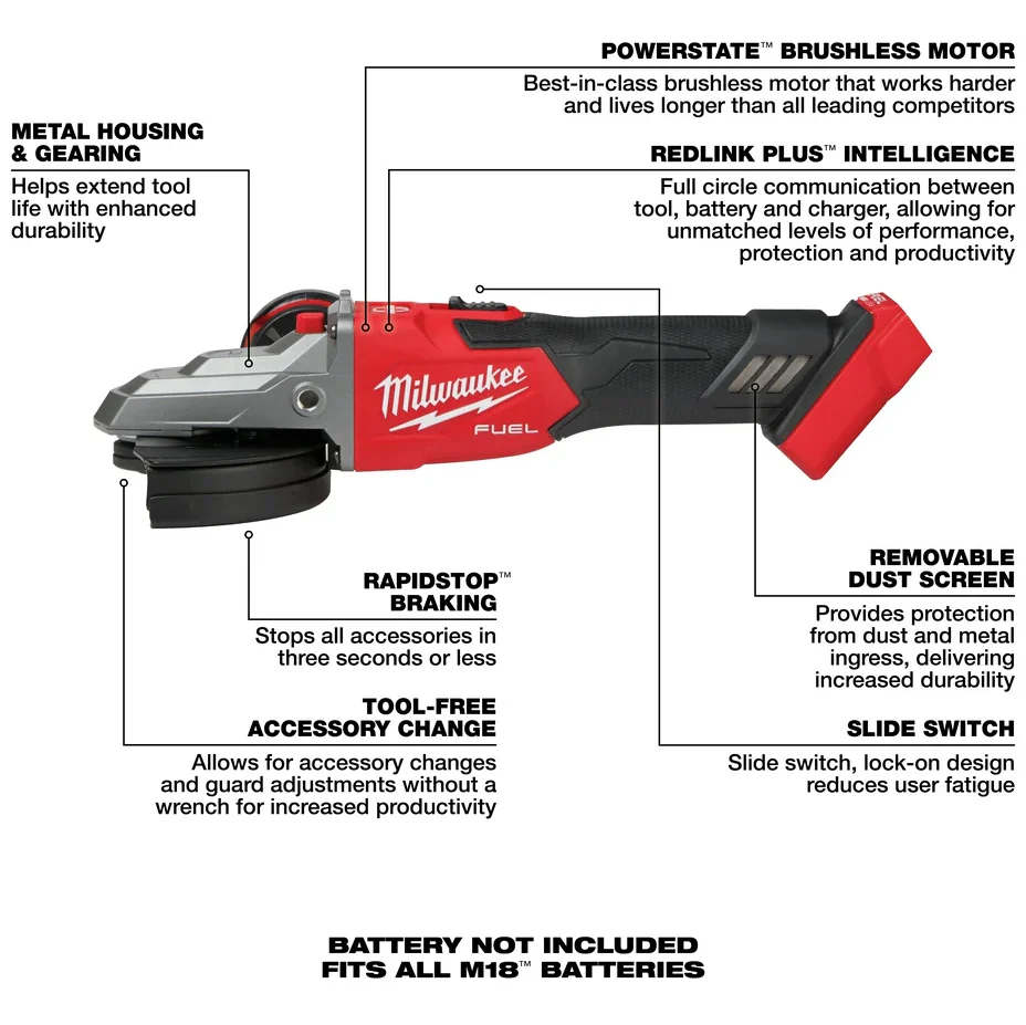 Milwaukee 2887-20 M18 FUEL™ 5" Flathead Braking Angle Grinder with Slide Switch Lock-On (Tool Only) - Image 3