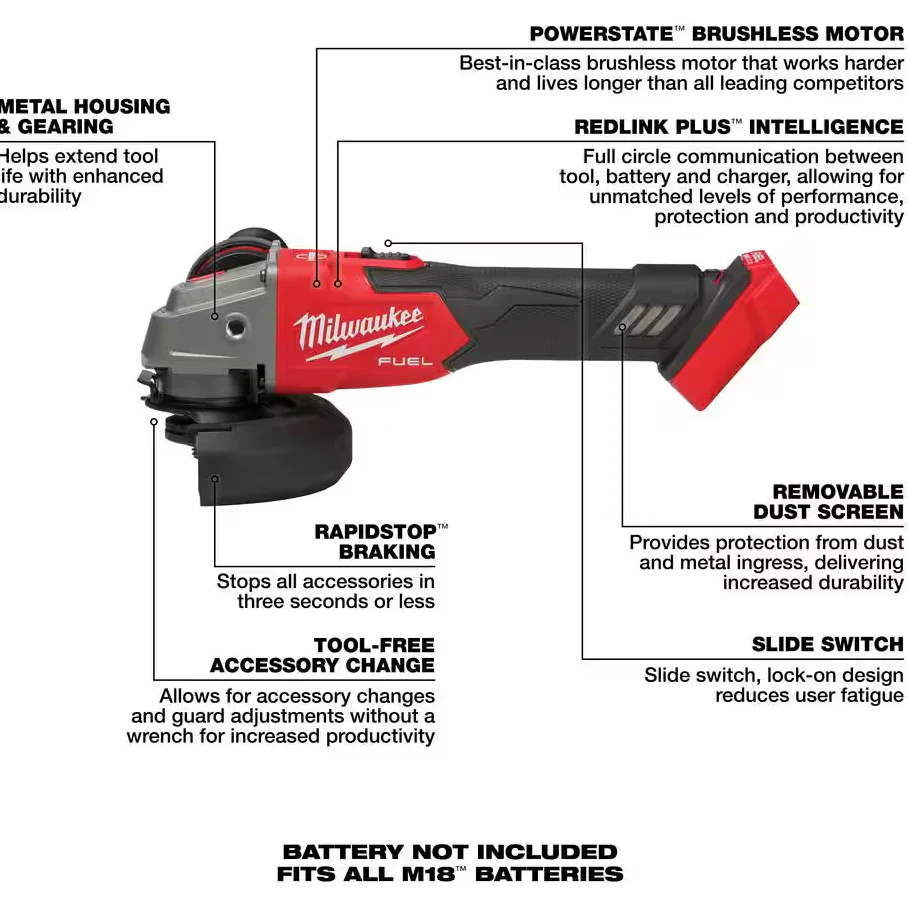 Milwaukee 2889-20 M18 FUEL™ 4-1/2" / 5" Variable Speed Braking Angle Grinder, Slide Switch Lock-On (Tool Only) - Image 3
