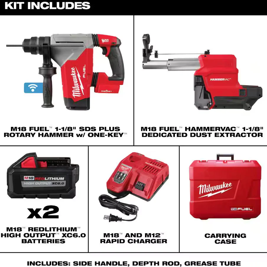 Milwaukee 2915-22DE M18 FUEL™ 1-1/8" SDS Plus Rotary Hammer w/ ONE-KEY™ & HAMMERVAC™ Dedicated Dust Extractor Kit - Image 2