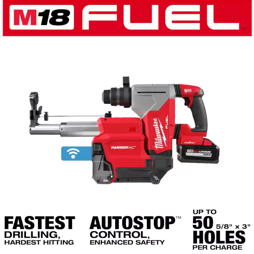 Milwaukee 2915-22DE M18 FUEL™ 1-1/8" SDS Plus Rotary Hammer w/ ONE-KEY™ & HAMMERVAC™ Dedicated Dust Extractor Kit - Image 4
