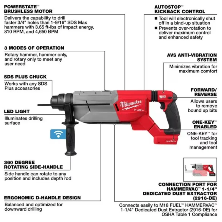 Milwaukee 2916-20 M18 FUEL™ 1-1/4” SDS Plus D-Handle Rotary Hammer w/ ONE-KEY™ (Tool Only) - Image 3