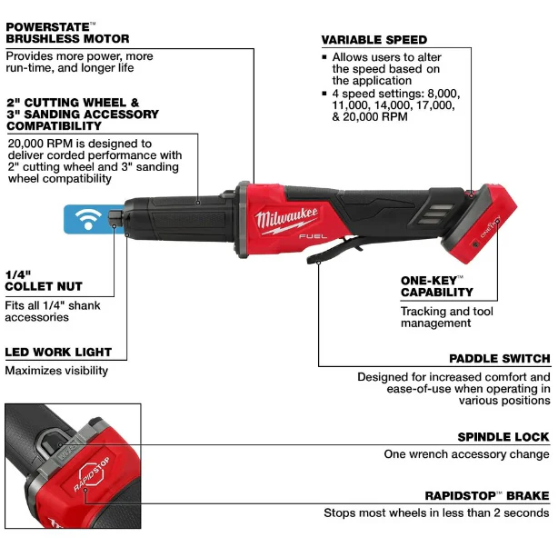 Milwaukee 2984-20 M18 FUEL™ Variable Speed Braking Die Grinder, Paddle Switch w/ ONE-KEY™ (Tool Only) - Image 3