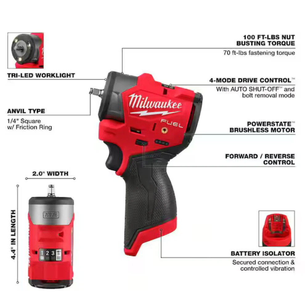 Milwaukee 3048-20 M12 FUEL Brushless Cordless 1/4" Subcompact Impact Wrench w/ Friction Ring - Image 2