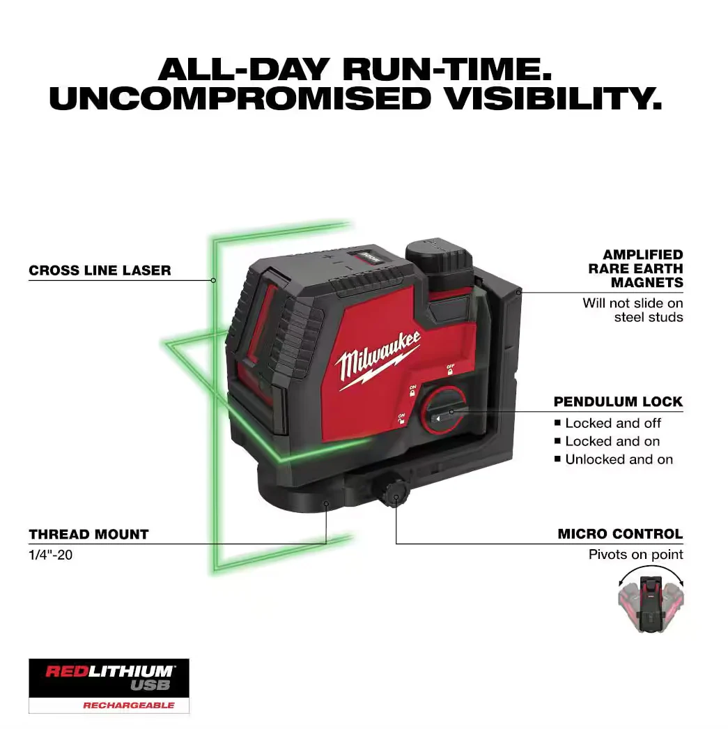 Milwaukee 3521-21 REDLITHIUM USB Rechargeable Cordless Green Cross Line Laser - Image 4