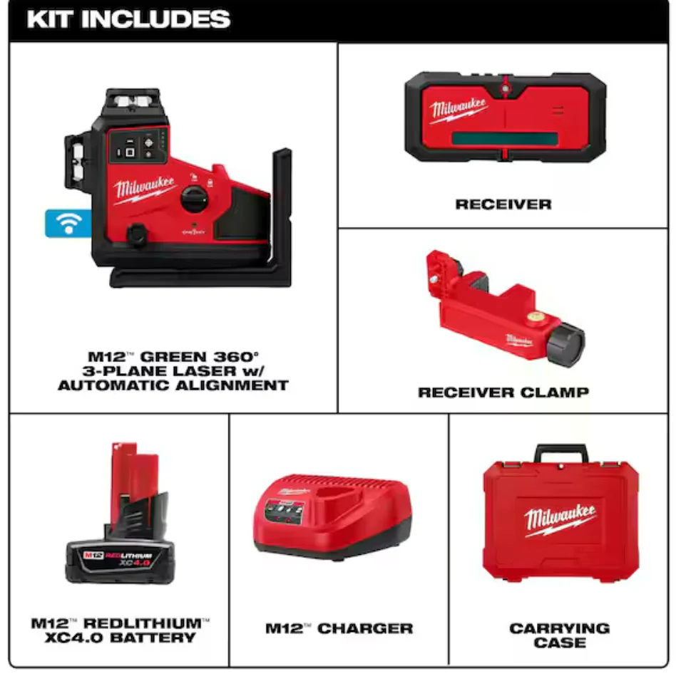 Milwaukee 3642-21 M12™ Green 360° 3-Plane Laser w/Automatic Alignment & Receiver - Image 2