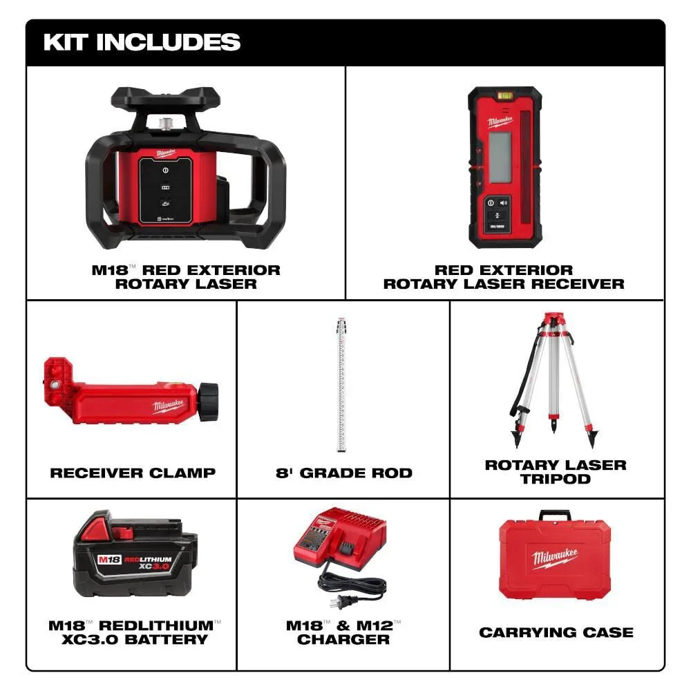 Milwaukee 3701-21T M18 Red Exterior Rotary Laser Level Kit w/ Receiver, Tripod, & Grade Rod - Image 3
