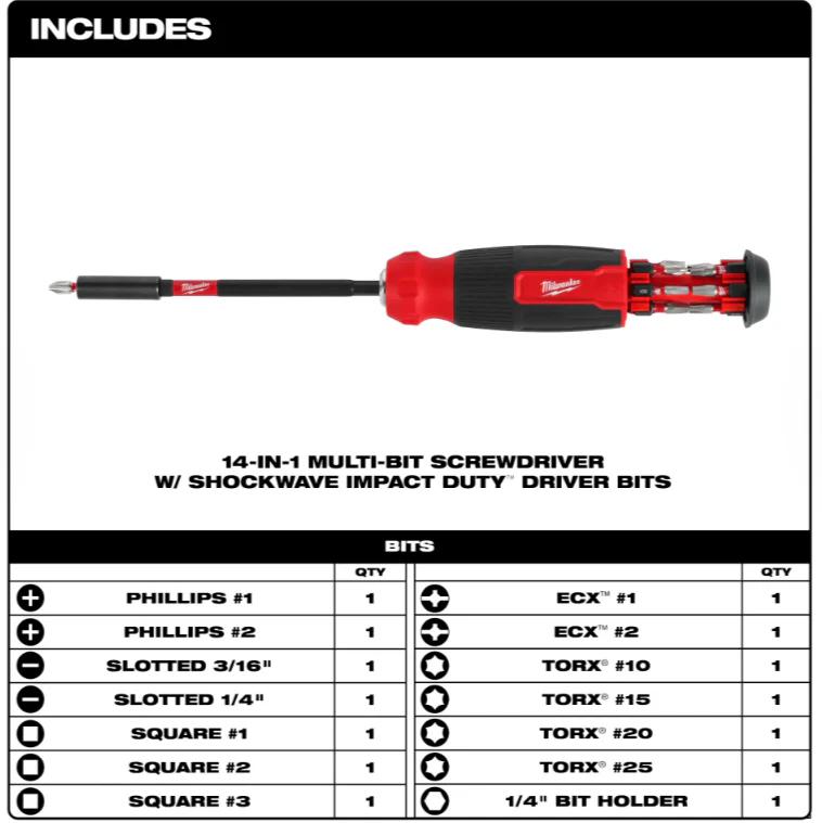 Milwaukee 48-22-2915 - 14-in-1 Multi-Bit Screwdriver With SHOCKWAVE Impact Duty™ Driver Bits - Image 3
