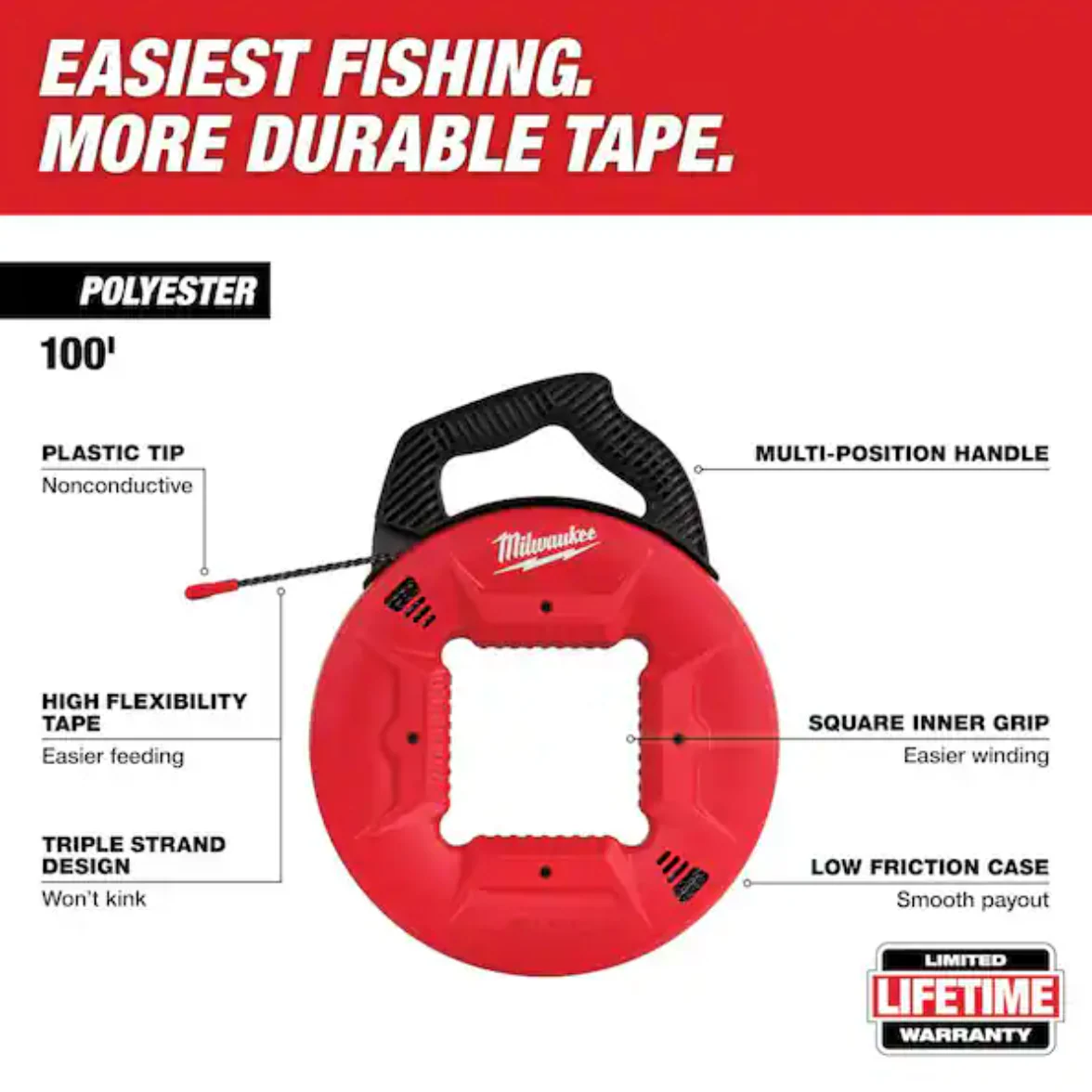 Milwaukee 48-22-4165 Polyester Fish Tape w/Nonconductive Tip, 100ft - Image 2