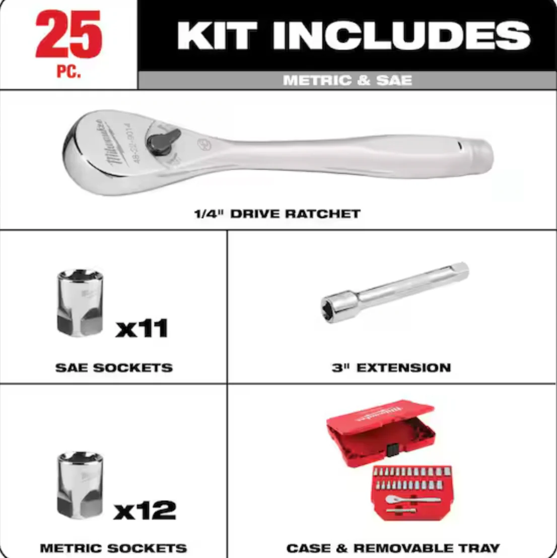 Milwaukee 48-22-9044 - 1/4" Drive Metric & SAE Ratchet and Socket Set with FOUR FLAT™ SIDES, 25pc - Image 5