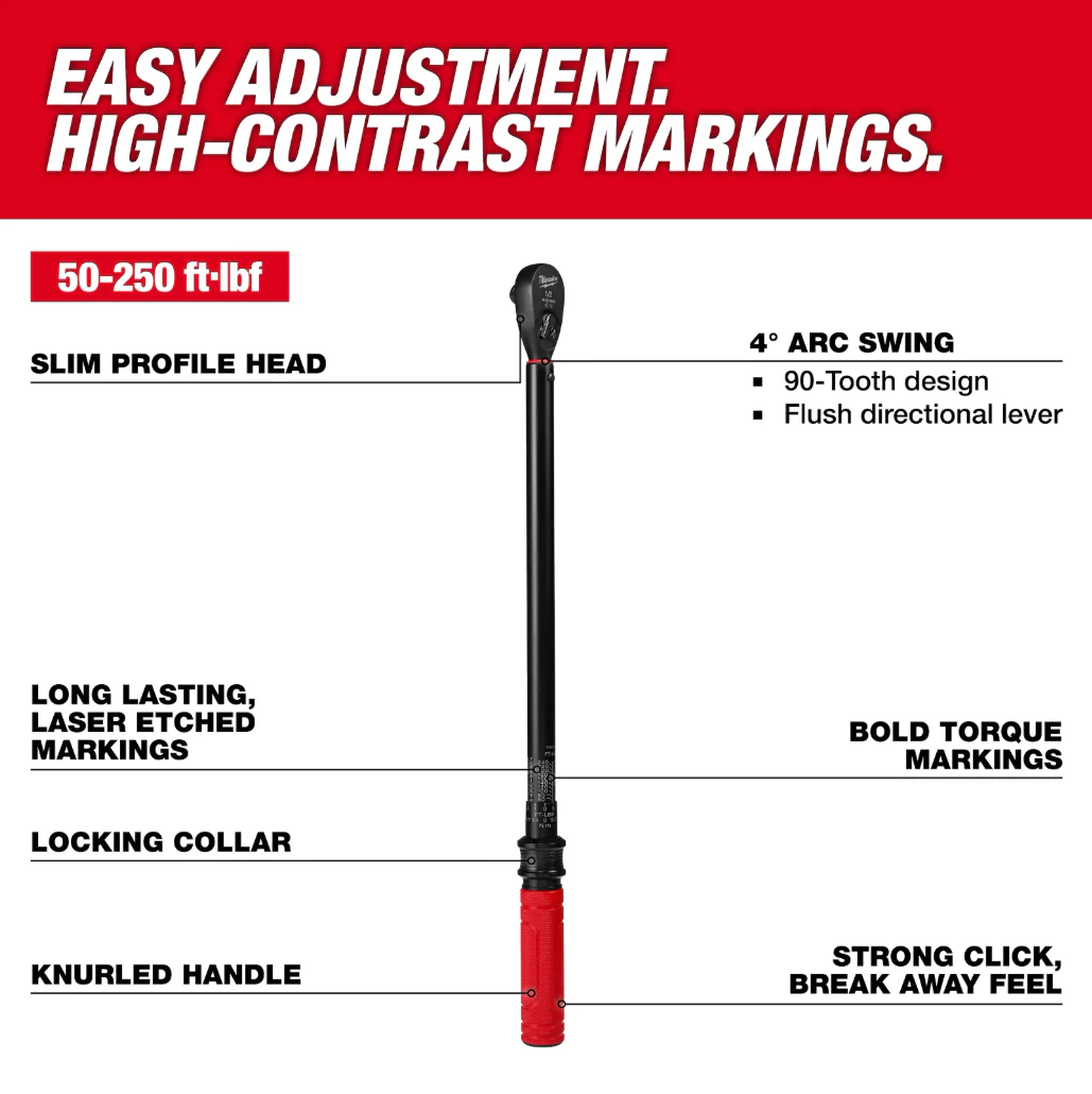 Milwaukee 48-22-9203 - 1/2" Drive Click Torque Wrench (50-250 ft·lbf) - Image 2
