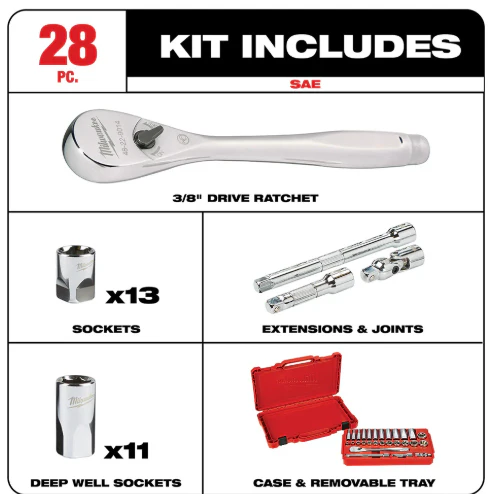 Milwaukee 48-22-9408 - 3/8" Drive Ratchet & Socket Set - SAE, 28pc - Image 2