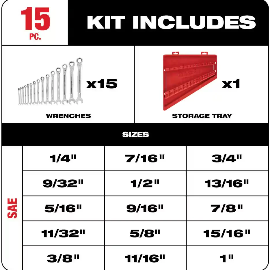 Milwaukee 48-22-9416 - 15pc Ratcheting Combination Wrench Set - SAE - Image 2