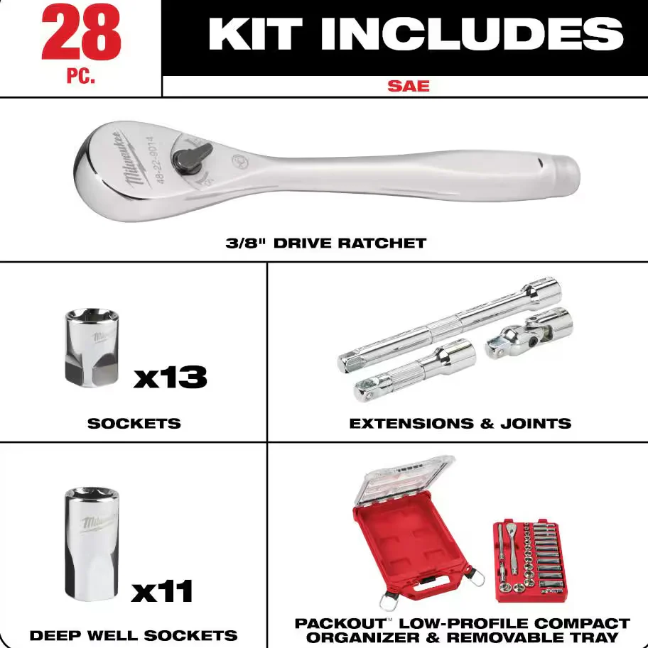 Milwaukee 48-22-9481 - 3/8” Drive SAE Ratchet & Socket Set, 28pc with PACKOUT™ Low-Profile Compact Organizer - Image 3