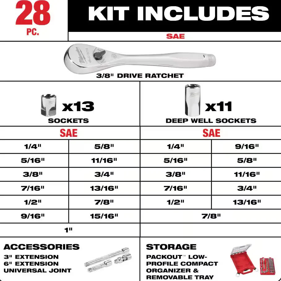 Milwaukee 48-22-9481 - 3/8” Drive SAE Ratchet & Socket Set, 28pc with PACKOUT™ Low-Profile Compact Organizer - Image 6