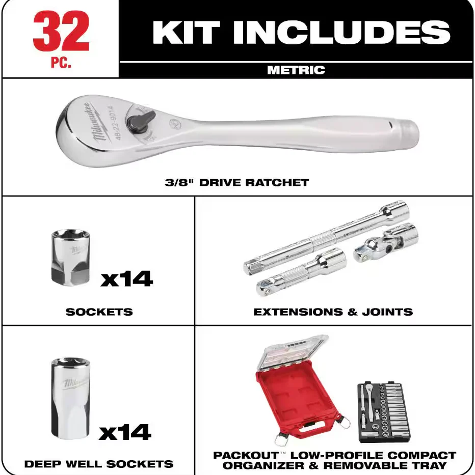 Milwaukee 48-22-9482 - 3/8” Drive Metric Ratchet & Socket Set, 32pc with PACKOUT™ Low-Profile Compact Organizer - Image 2
