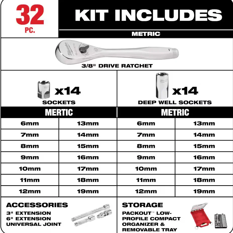 Milwaukee 48-22-9482 - 3/8” Drive Metric Ratchet & Socket Set, 32pc with PACKOUT™ Low-Profile Compact Organizer - Image 4