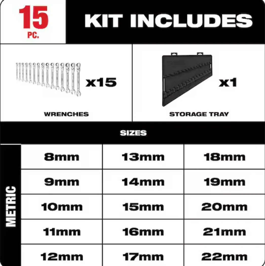 Milwaukee 48-22-9513 Metric Flex Head Ratcheting Combination Wrench, 15pc - Image 3