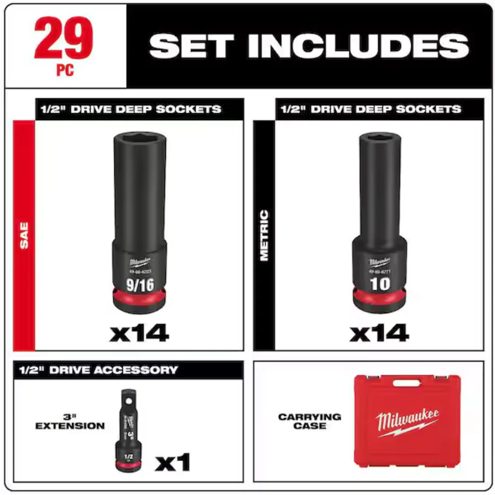 Milwaukee 49-66-7016 SHOCKWAVE Impact Duty™ 1/2" Drive SAE & Metric Deep 6 Point Socket Set, 29pc - Image 2